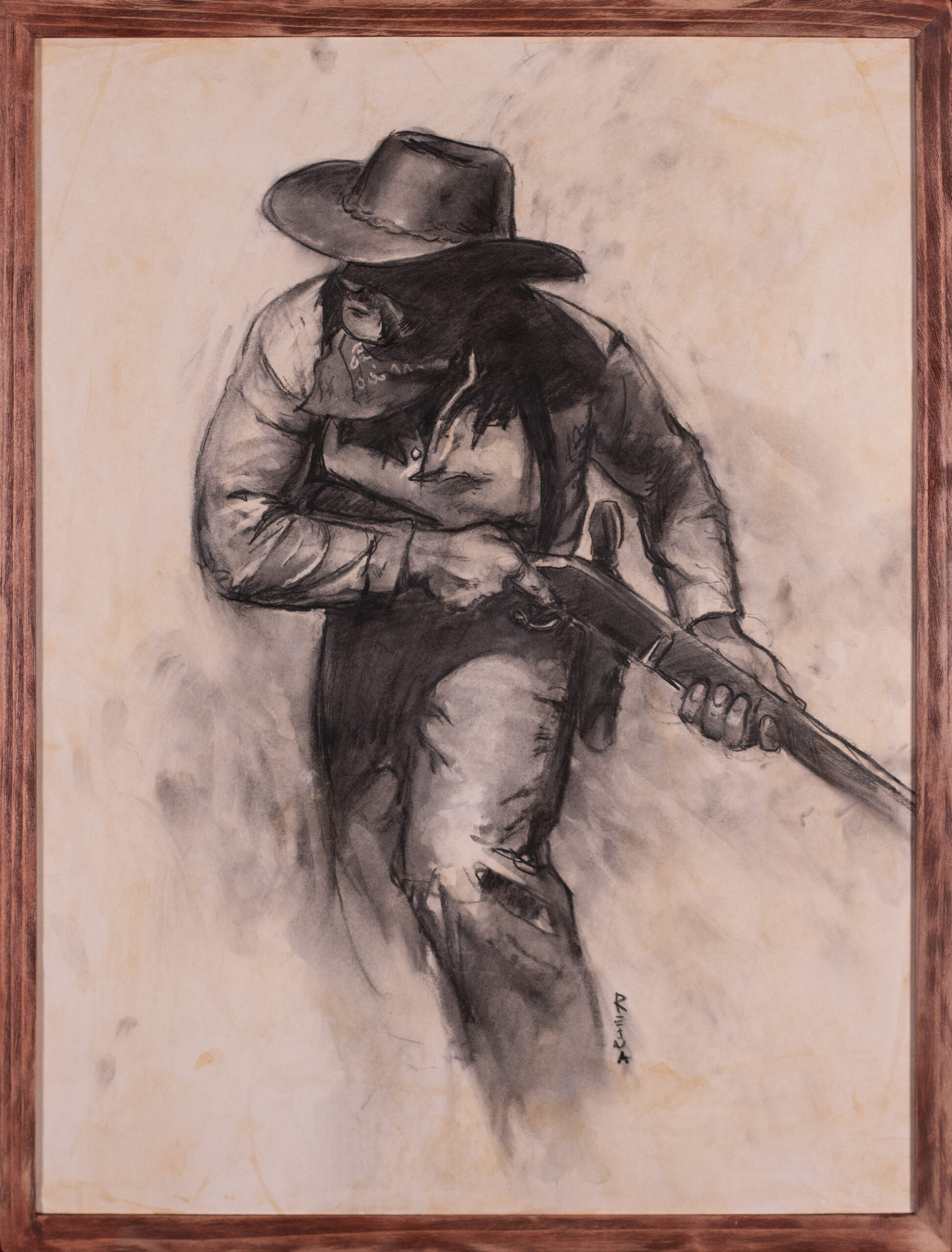 Framed drawing of cowboy with rifle
